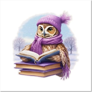 Cute owl Read A Book wearing a  purple hat and scarf Posters and Art